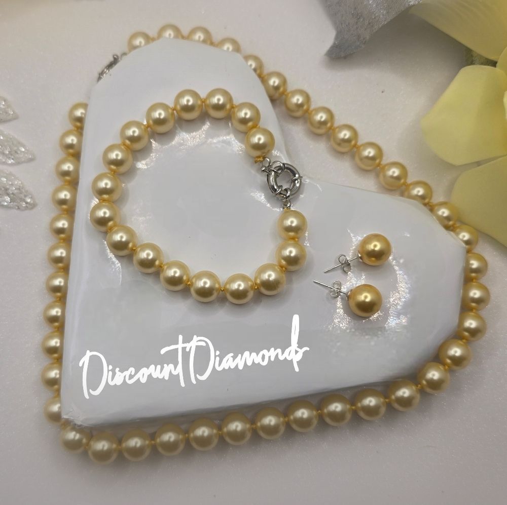 South Sea Gold Shell Pearls 4 Pc Earrings, Bracelet, & Necklace 925 Clasps